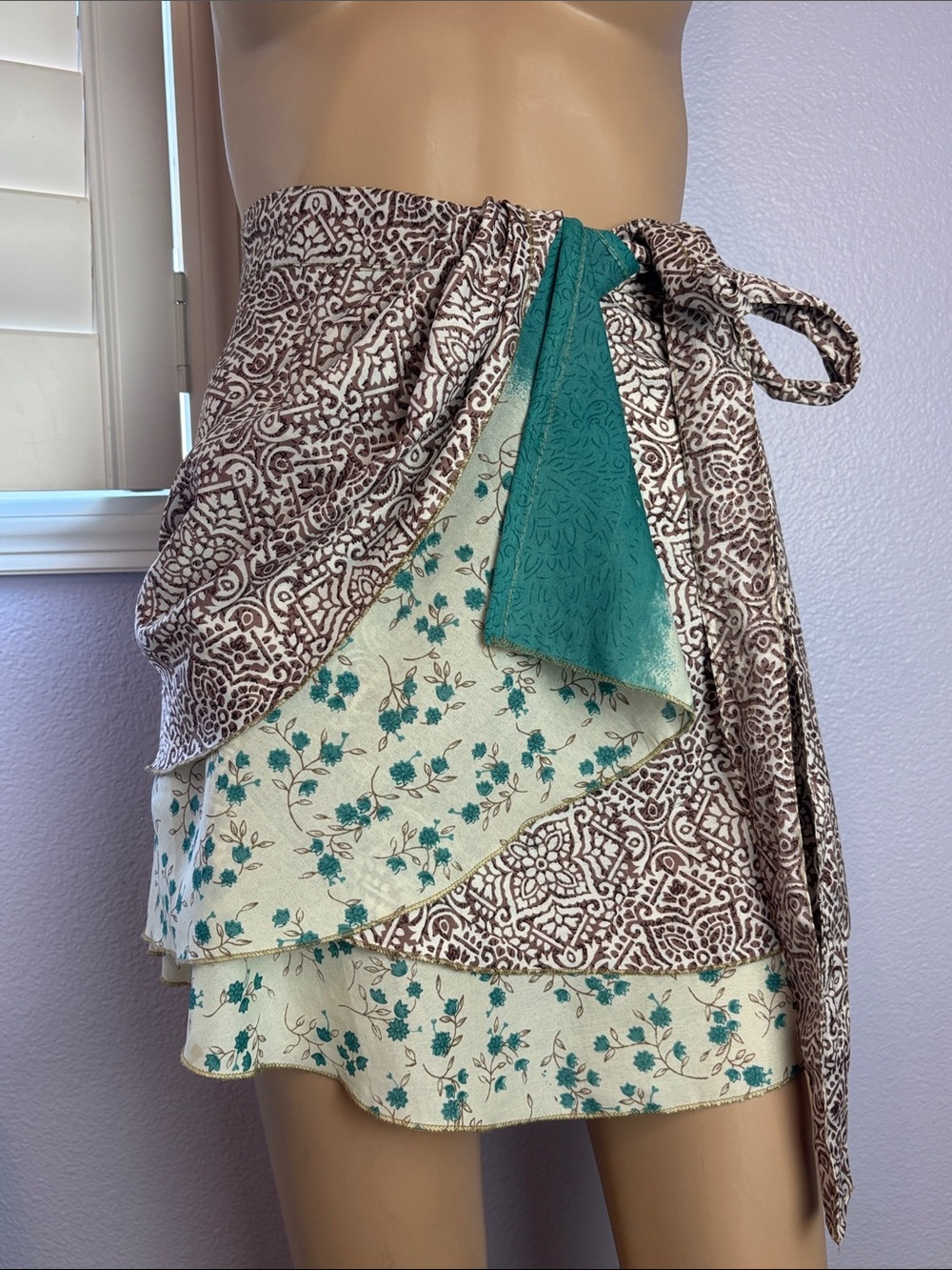 Upcycled Saree Silk Wrap Mini Skirt with Teal Accent